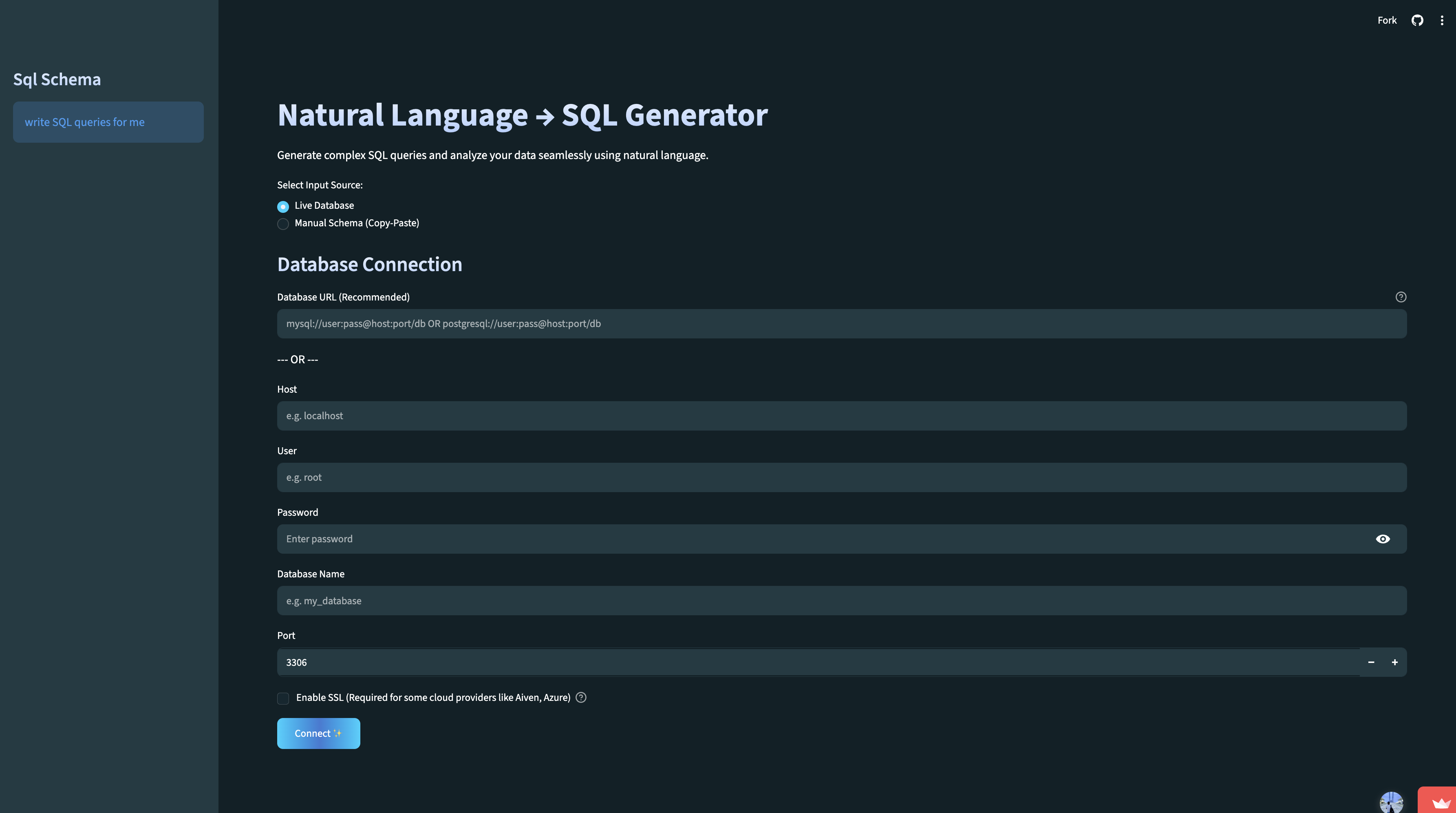 Natural Language to SQL — generator interface